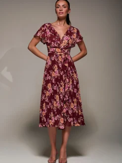 Jolie Moi Occasion Dresses|Floral Dresses-Printed Ruffle Detail Pleated Chiffon Midi, Burgundy Floral
