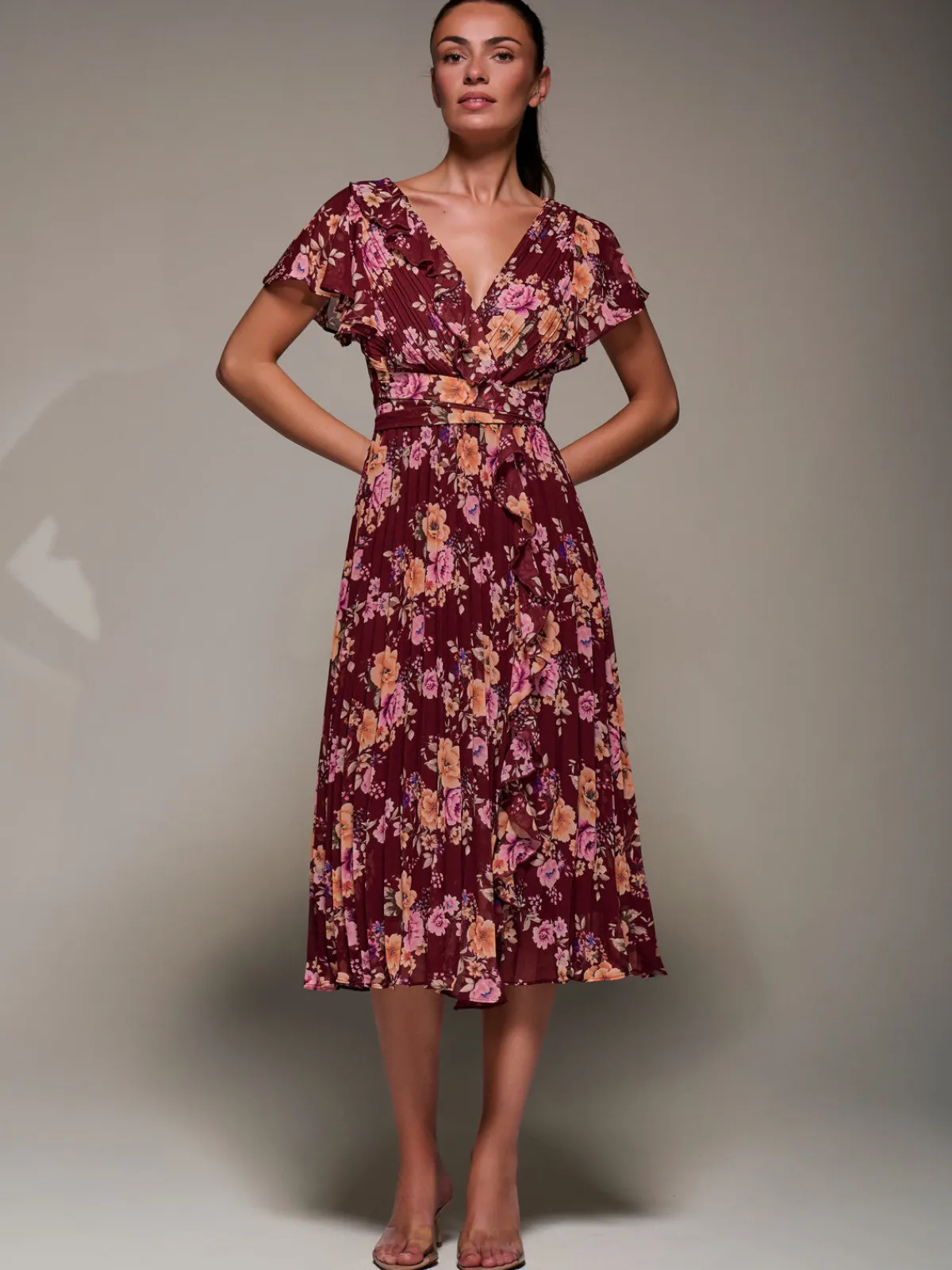 Jolie Moi Occasion Dresses|Floral Dresses-Printed Ruffle Detail Pleated Chiffon Midi, Burgundy Floral