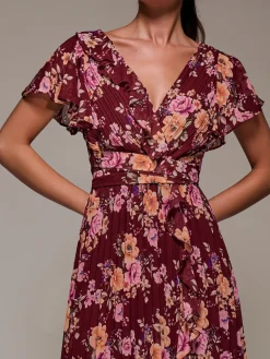 Jolie Moi Occasion Dresses|Floral Dresses-Printed Ruffle Detail Pleated Chiffon Midi, Burgundy Floral