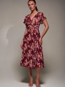 Jolie Moi Occasion Dresses|Floral Dresses-Printed Ruffle Detail Pleated Chiffon Midi, Burgundy Floral