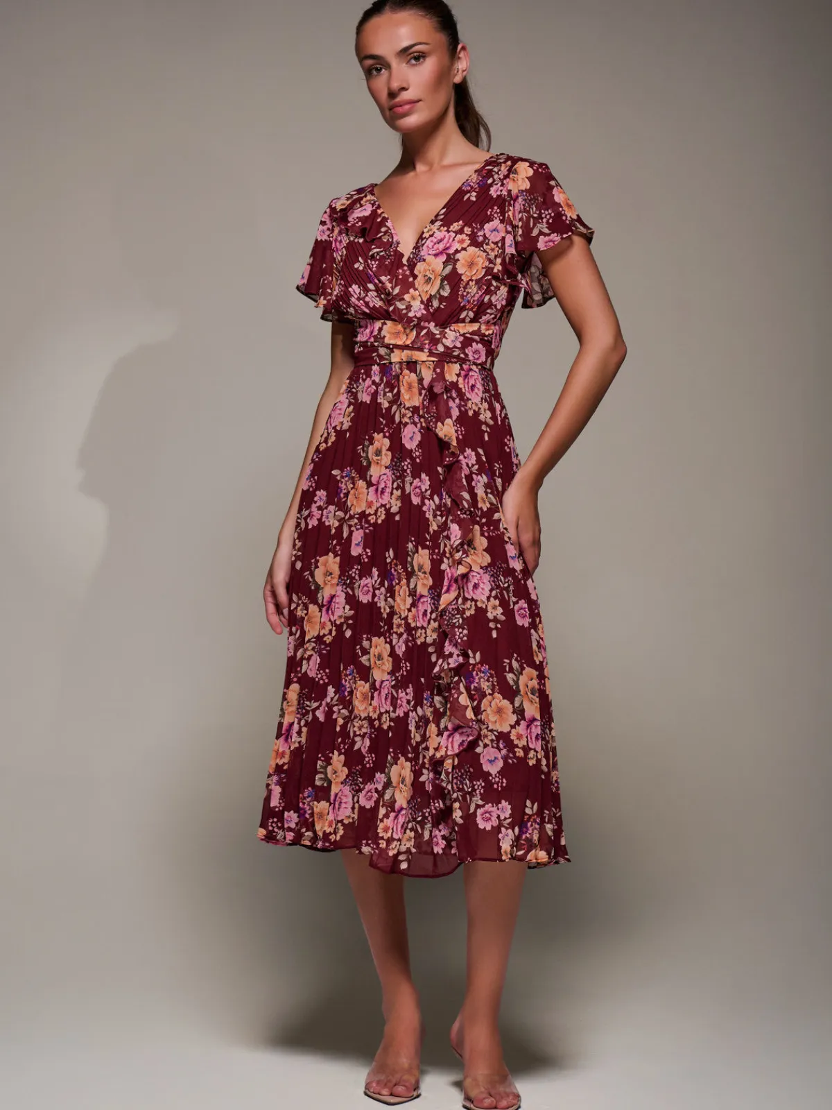 Jolie Moi Occasion Dresses|Floral Dresses-Printed Ruffle Detail Pleated Chiffon Midi, Burgundy Floral