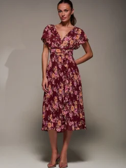 Jolie Moi Occasion Dresses|Floral Dresses-Printed Ruffle Detail Pleated Chiffon Midi, Burgundy Floral