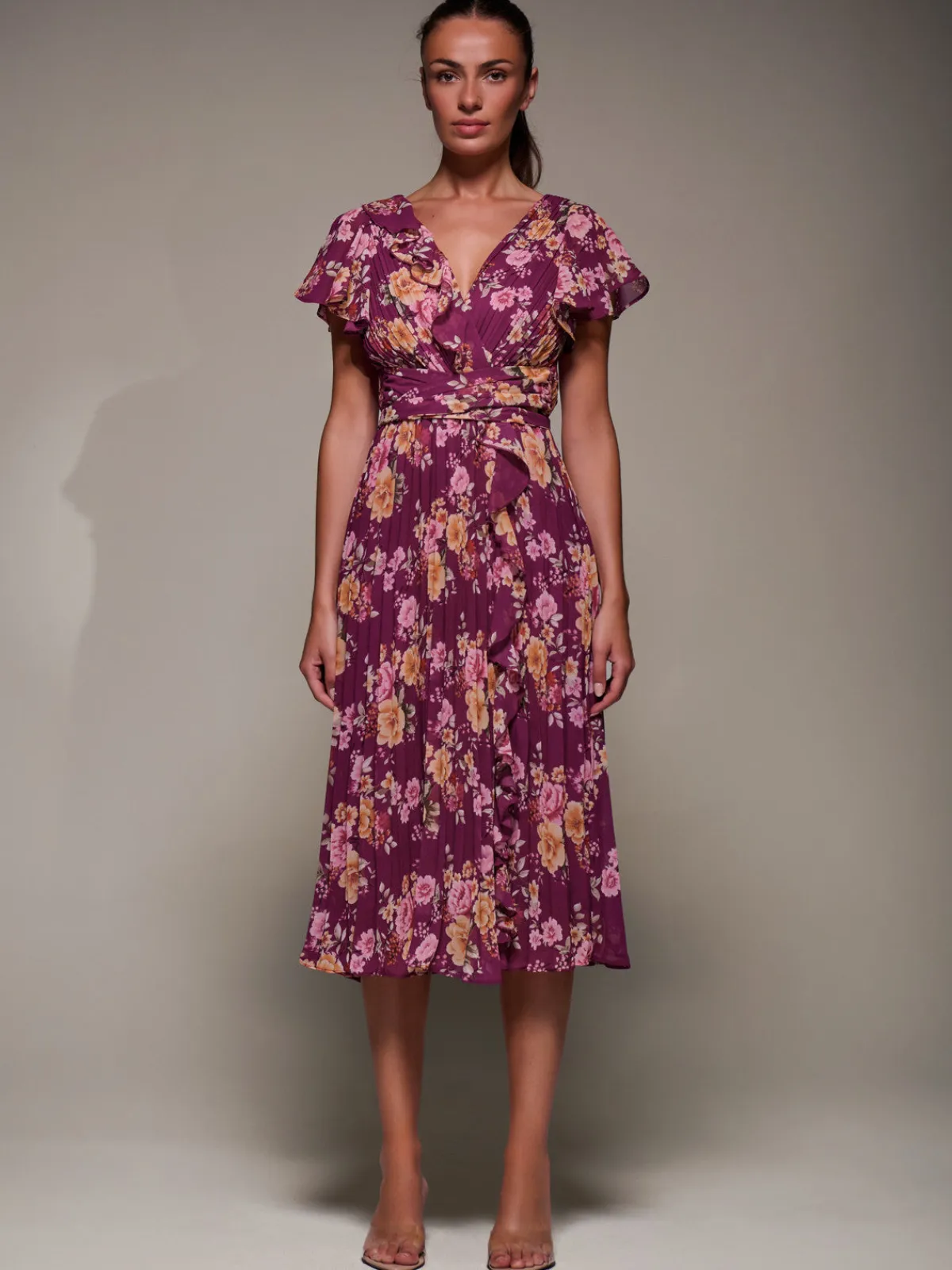 Jolie Moi Occasion Dresses|Floral Dresses-Printed Ruffle Detail Pleated Chiffon Midi, Fuchsia Floral