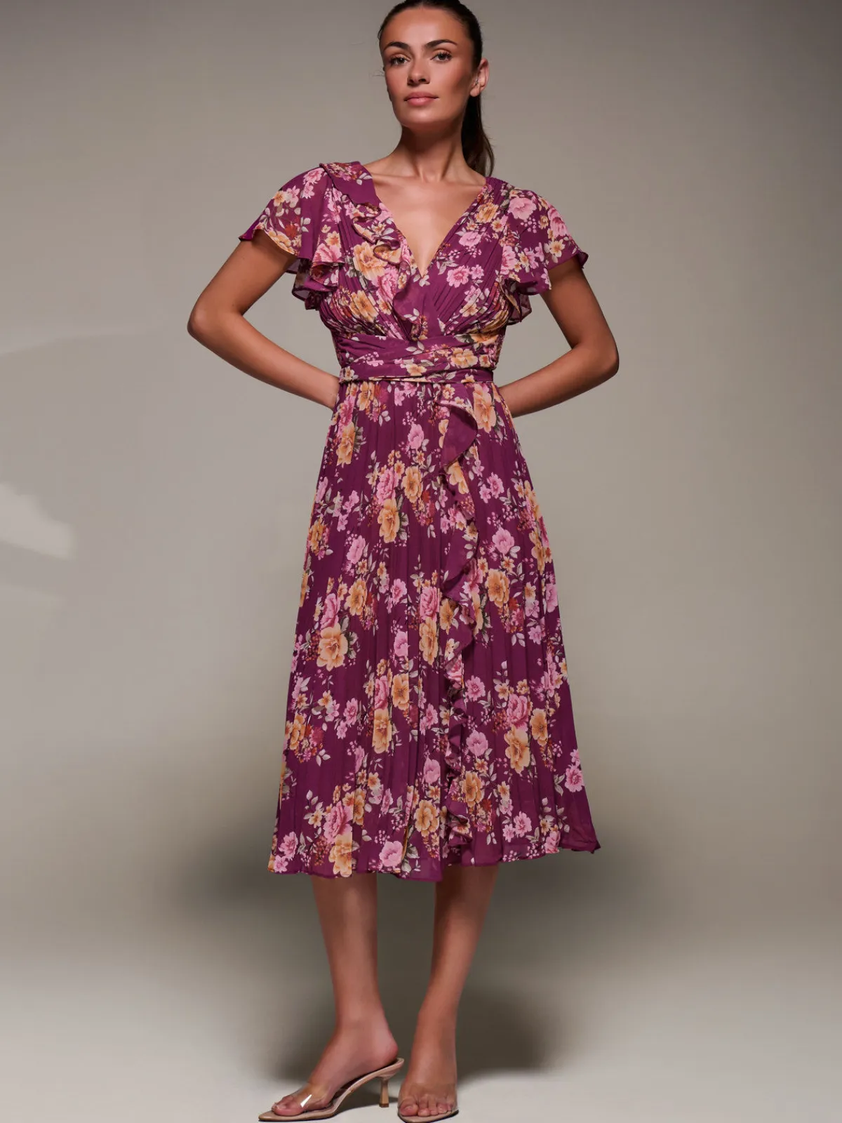 Jolie Moi Occasion Dresses|Floral Dresses-Printed Ruffle Detail Pleated Chiffon Midi, Fuchsia Floral
