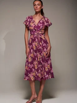 Jolie Moi Occasion Dresses|Floral Dresses-Printed Ruffle Detail Pleated Chiffon Midi, Fuchsia Floral