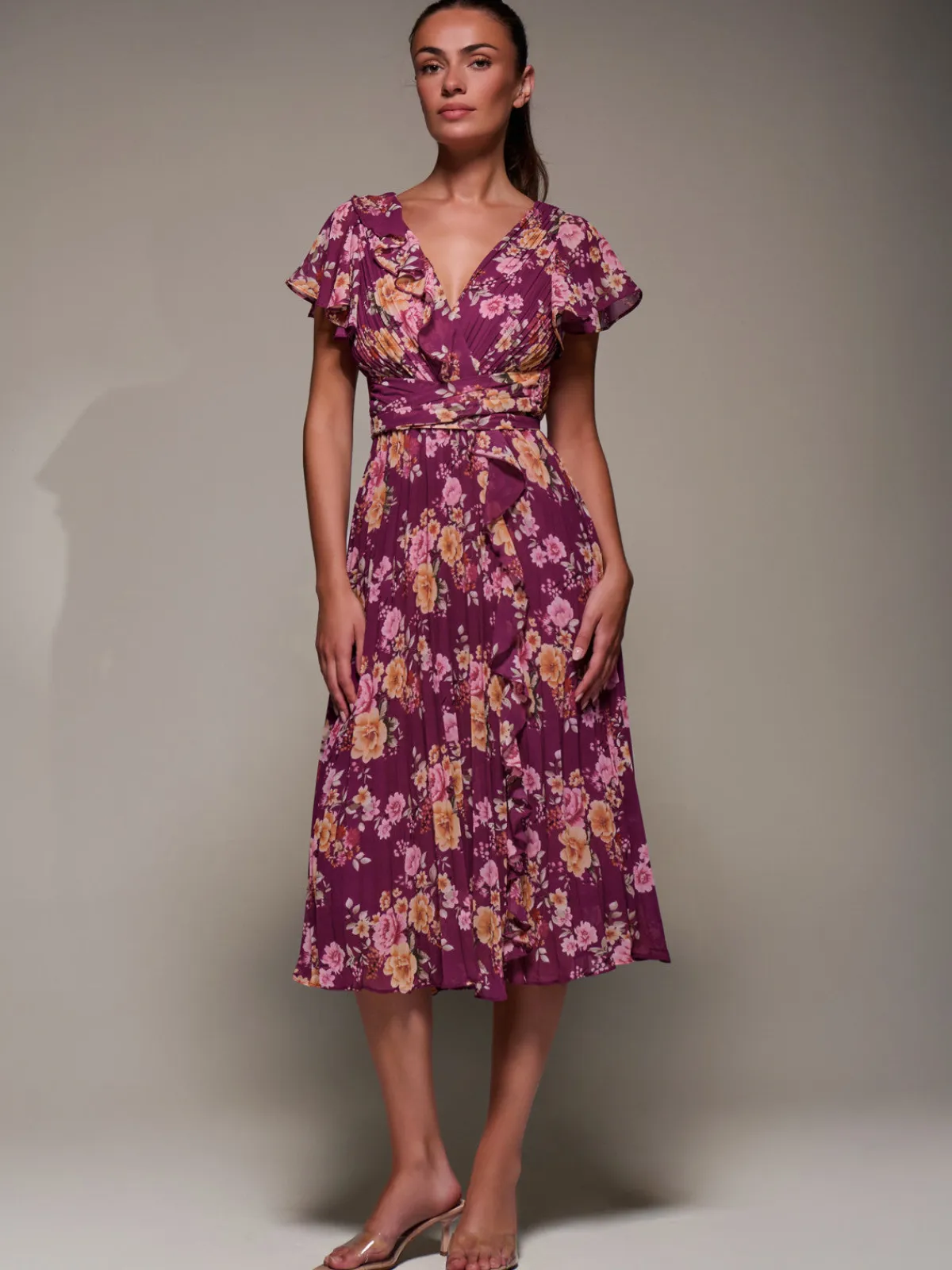 Jolie Moi Occasion Dresses|Floral Dresses-Printed Ruffle Detail Pleated Chiffon Midi, Fuchsia Floral
