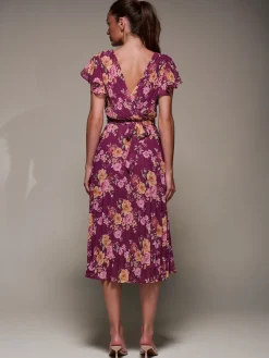 Jolie Moi Occasion Dresses|Floral Dresses-Printed Ruffle Detail Pleated Chiffon Midi, Fuchsia Floral