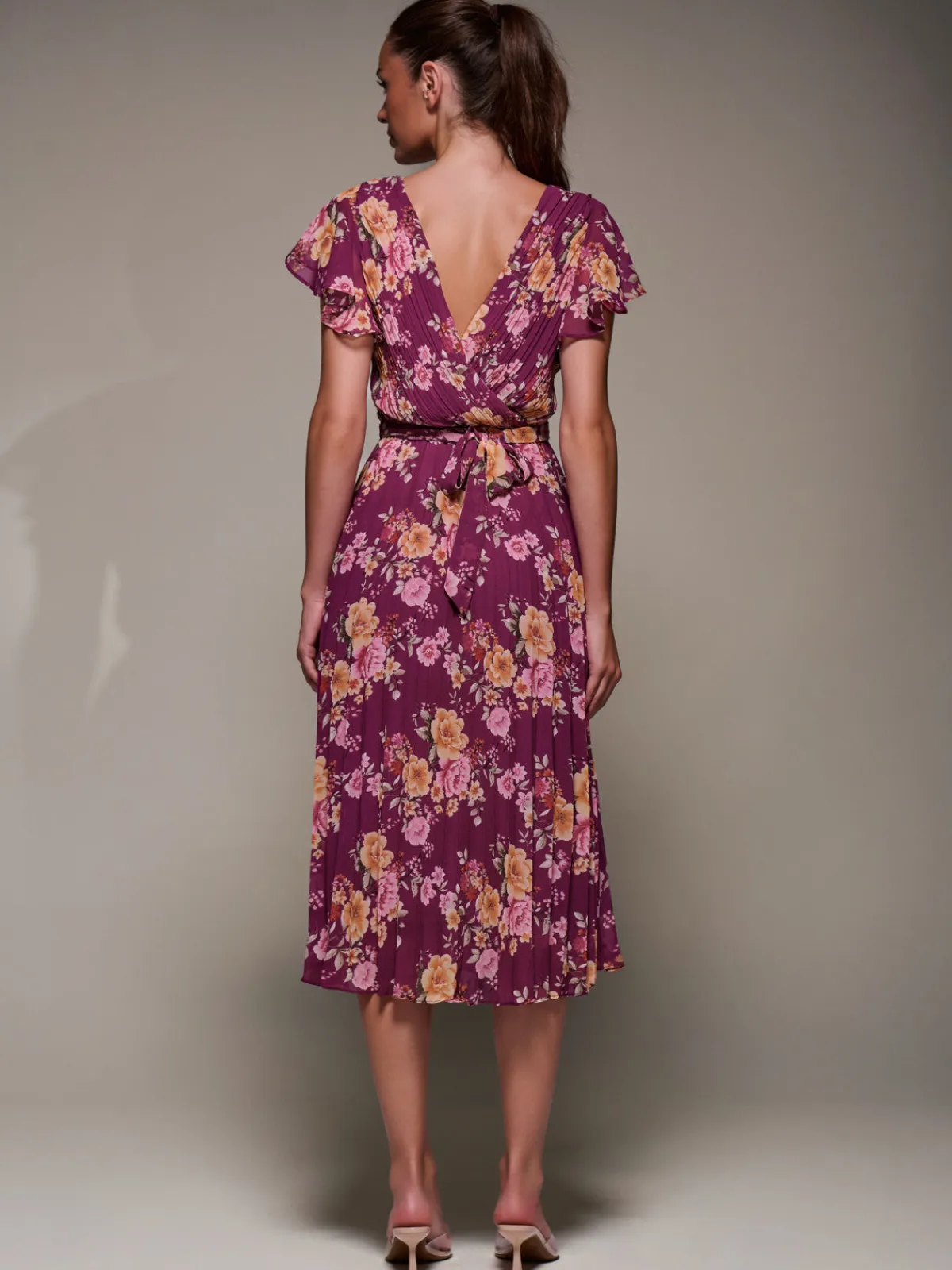 Jolie Moi Occasion Dresses|Floral Dresses-Printed Ruffle Detail Pleated Chiffon Midi, Fuchsia Floral