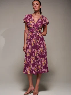 Jolie Moi Occasion Dresses|Floral Dresses-Printed Ruffle Detail Pleated Chiffon Midi, Fuchsia Floral