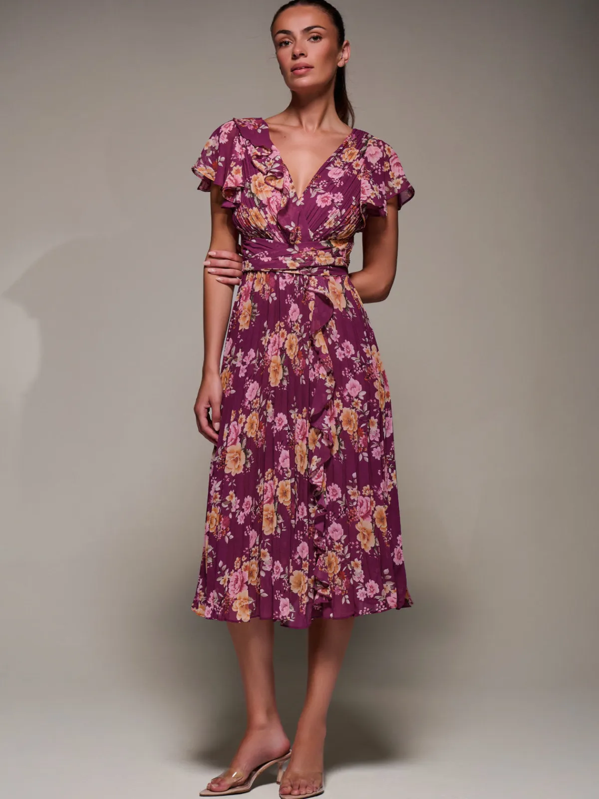 Jolie Moi Occasion Dresses|Floral Dresses-Printed Ruffle Detail Pleated Chiffon Midi, Fuchsia Floral