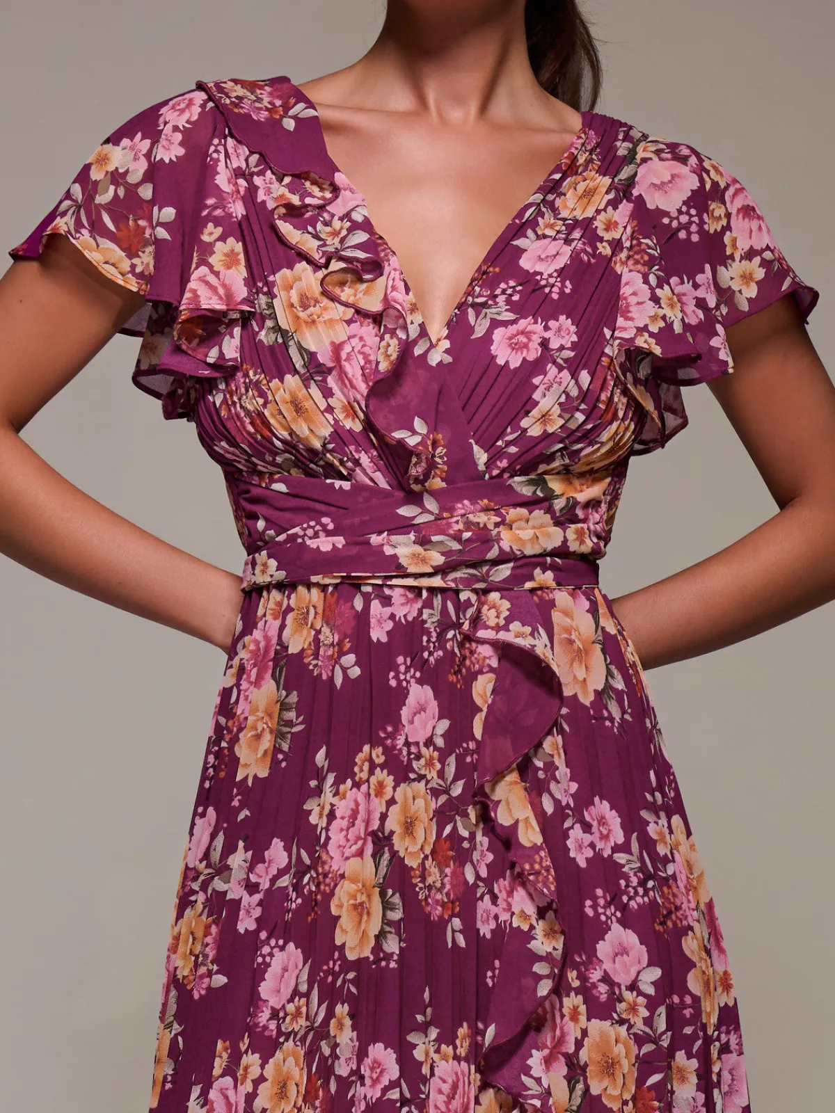 Jolie Moi Occasion Dresses|Floral Dresses-Printed Ruffle Detail Pleated Chiffon Midi, Fuchsia Floral