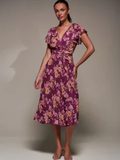 Jolie Moi Occasion Dresses|Floral Dresses-Printed Ruffle Detail Pleated Chiffon Midi, Fuchsia Floral