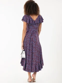 Jolie Moi Occasion Dresses|Jersey Dresses-Printed Ruffle Dip Hem Jersey Maxi Dress, Burgundy Multi