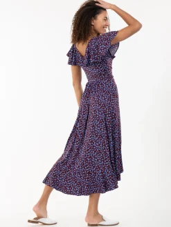 Jolie Moi Occasion Dresses|Jersey Dresses-Printed Ruffle Dip Hem Jersey Maxi Dress, Burgundy Multi