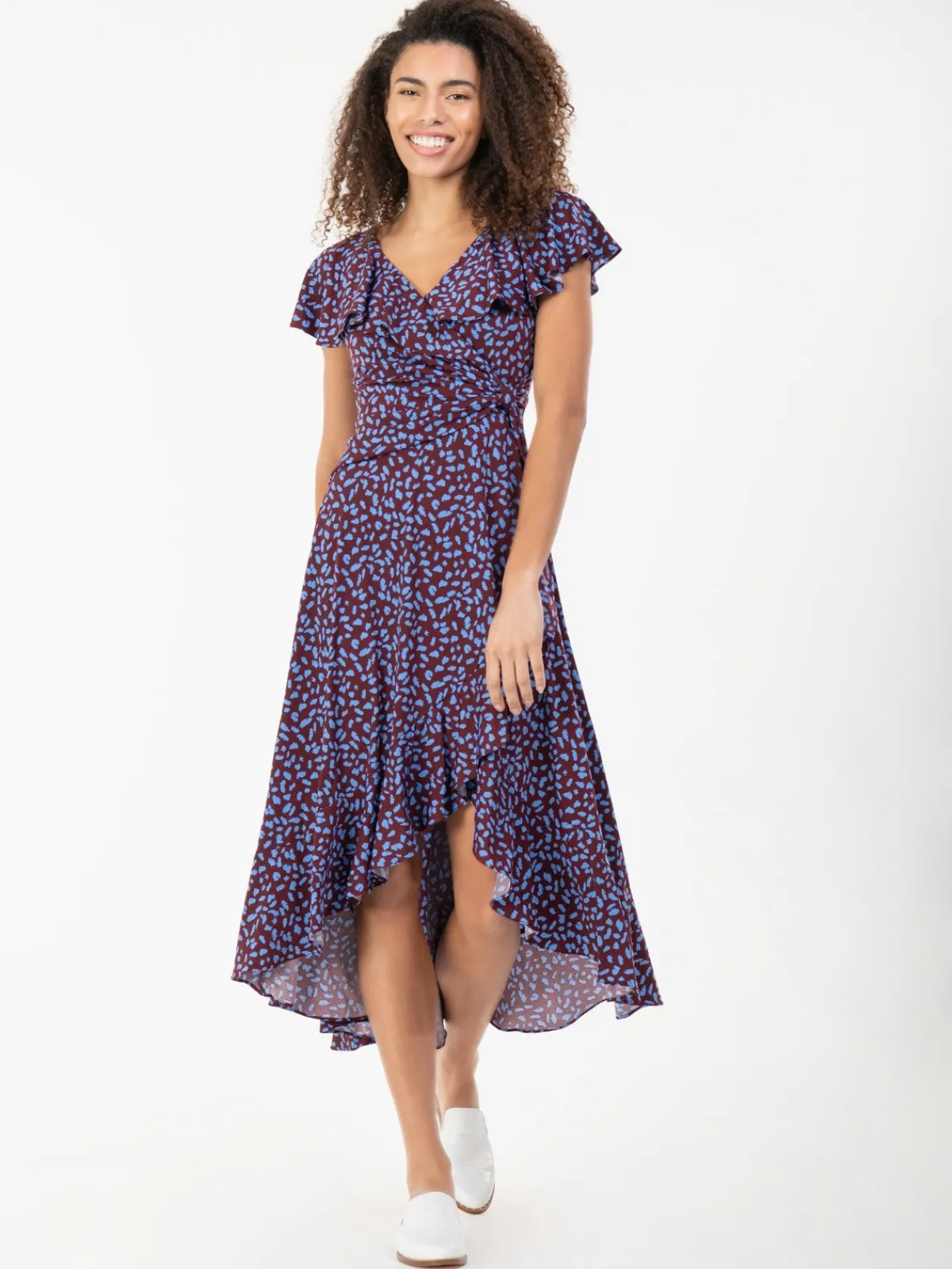 Jolie Moi Occasion Dresses|Jersey Dresses-Printed Ruffle Dip Hem Jersey Maxi Dress, Burgundy Multi
