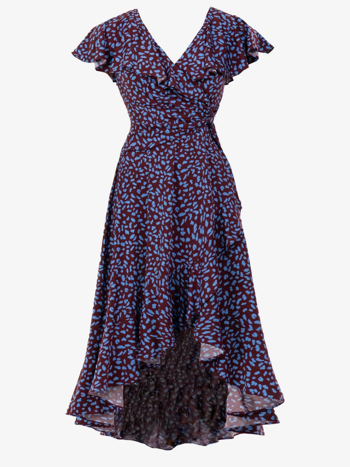 Jolie Moi Occasion Dresses|Jersey Dresses-Printed Ruffle Dip Hem Jersey Maxi Dress, Burgundy Multi
