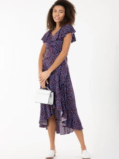 Jolie Moi Occasion Dresses|Jersey Dresses-Printed Ruffle Dip Hem Jersey Maxi Dress, Burgundy Multi