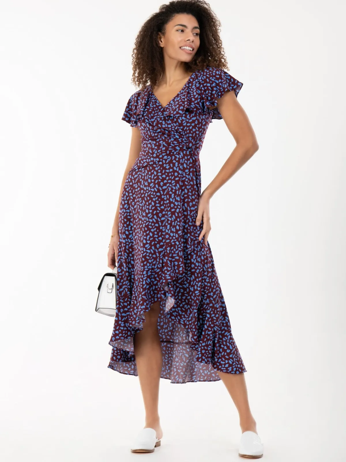 Jolie Moi Occasion Dresses|Jersey Dresses-Printed Ruffle Dip Hem Jersey Maxi Dress, Burgundy Multi