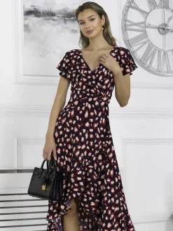 Jolie Moi Occasion Dresses|Jersey Dresses-Printed Ruffle Dip Hem Maxi Dress, Navy Animal