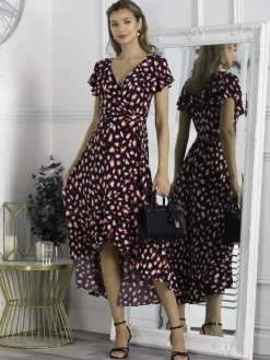Jolie Moi Occasion Dresses|Jersey Dresses-Printed Ruffle Dip Hem Maxi Dress, Navy Animal