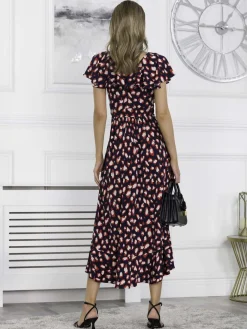 Jolie Moi Occasion Dresses|Jersey Dresses-Printed Ruffle Dip Hem Maxi Dress, Navy Animal