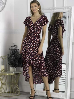 Jolie Moi Occasion Dresses|Jersey Dresses-Printed Ruffle Dip Hem Maxi Dress, Navy Animal