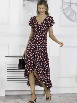 Jolie Moi Occasion Dresses|Jersey Dresses-Printed Ruffle Dip Hem Maxi Dress, Navy Animal