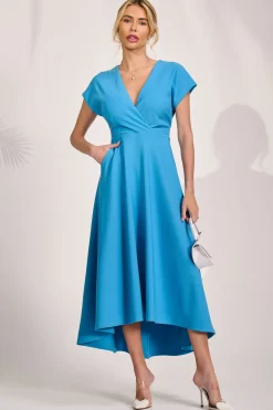 Jolie Moi Occasion Dresses|Party Dresses-Printed Scuba Dipped Hem Maxi Dress, Blue