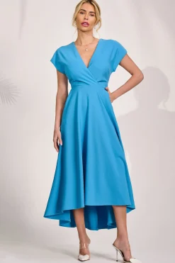 Jolie Moi Occasion Dresses|Party Dresses-Printed Scuba Dipped Hem Maxi Dress, Blue