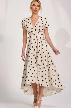 Jolie Moi Occasion Dresses|Maxi Dresses-Printed Scuba Dipped Hem Maxi Dress, Cream Spot