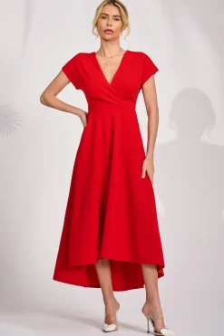 Jolie Moi Occasion Dresses|Party Dresses-Printed Scuba Dipped Hem Maxi Dress, Red