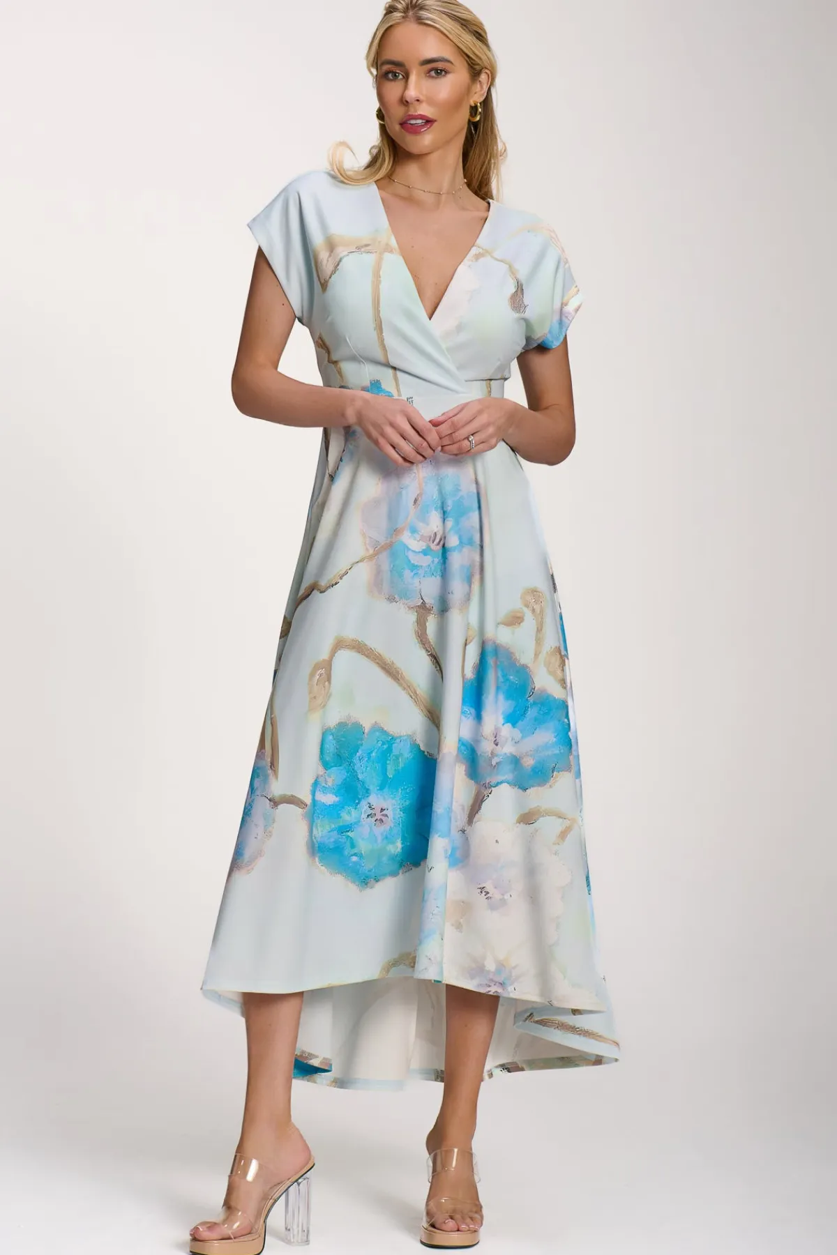 Jolie Moi Occasion Dresses|Floral Dresses-Printed Scuba Dipped Hem Midi Dress, Blue Floral