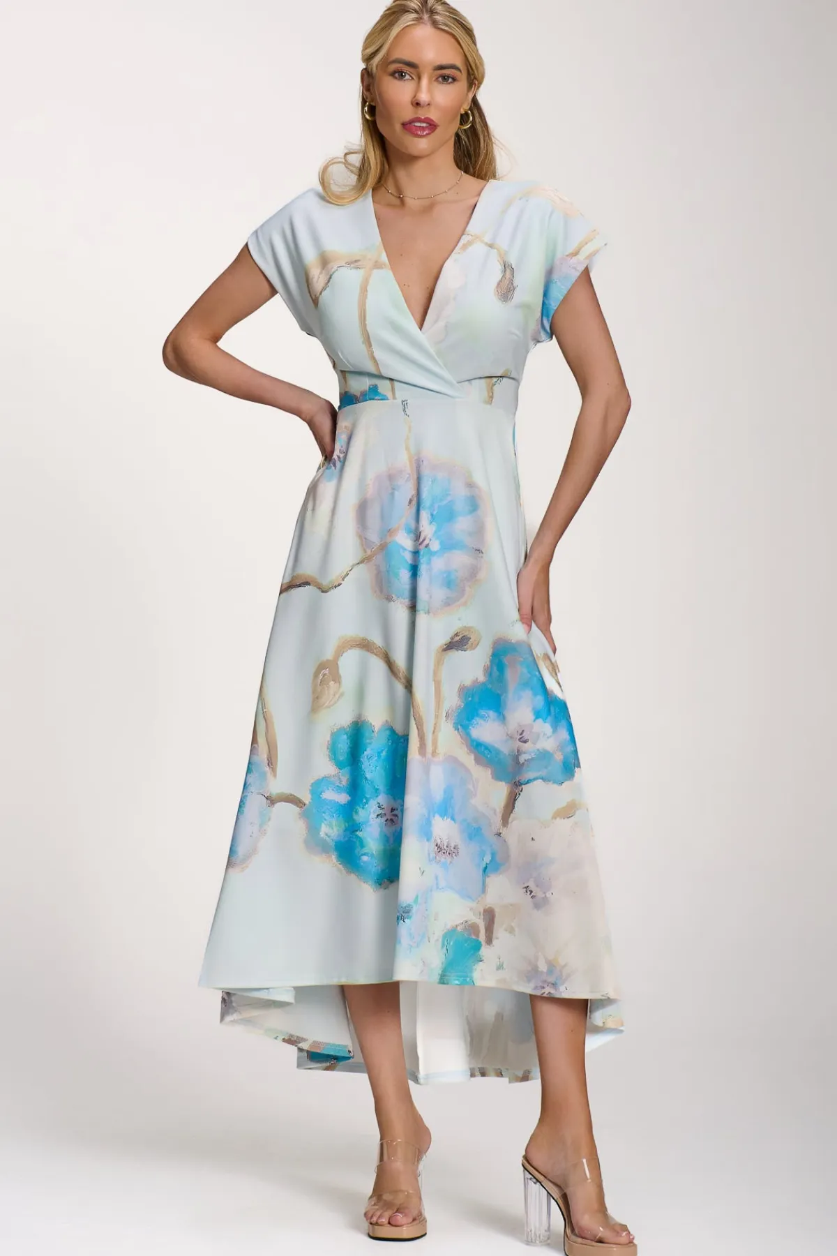 Jolie Moi Occasion Dresses|Floral Dresses-Printed Scuba Dipped Hem Midi Dress, Blue Floral