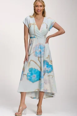 Jolie Moi Occasion Dresses|Floral Dresses-Printed Scuba Dipped Hem Midi Dress, Blue Floral