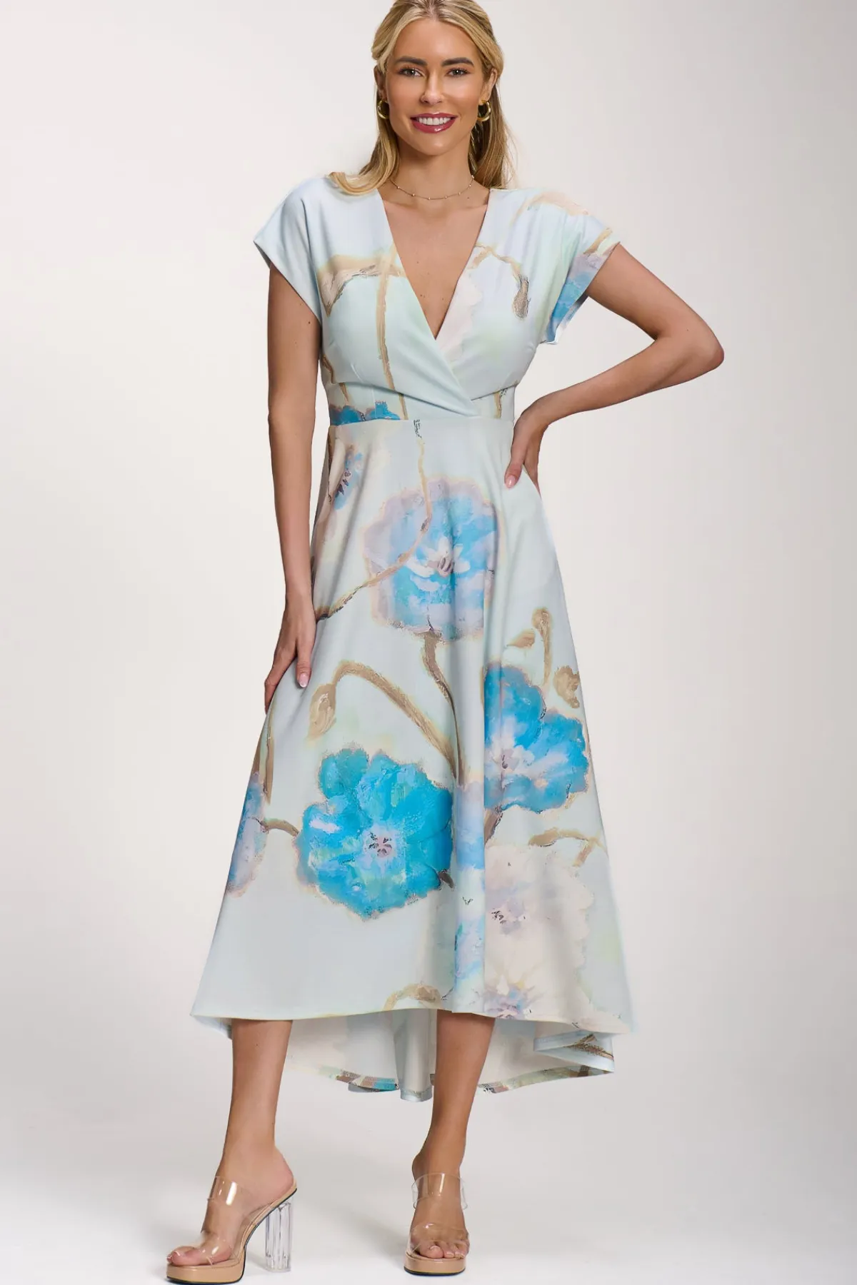 Jolie Moi Occasion Dresses|Floral Dresses-Printed Scuba Dipped Hem Midi Dress, Blue Floral