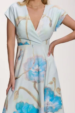 Jolie Moi Occasion Dresses|Floral Dresses-Printed Scuba Dipped Hem Midi Dress, Blue Floral