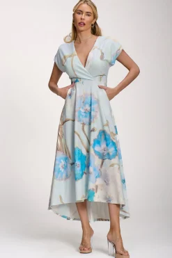 Jolie Moi Occasion Dresses|Floral Dresses-Printed Scuba Dipped Hem Midi Dress, Blue Floral