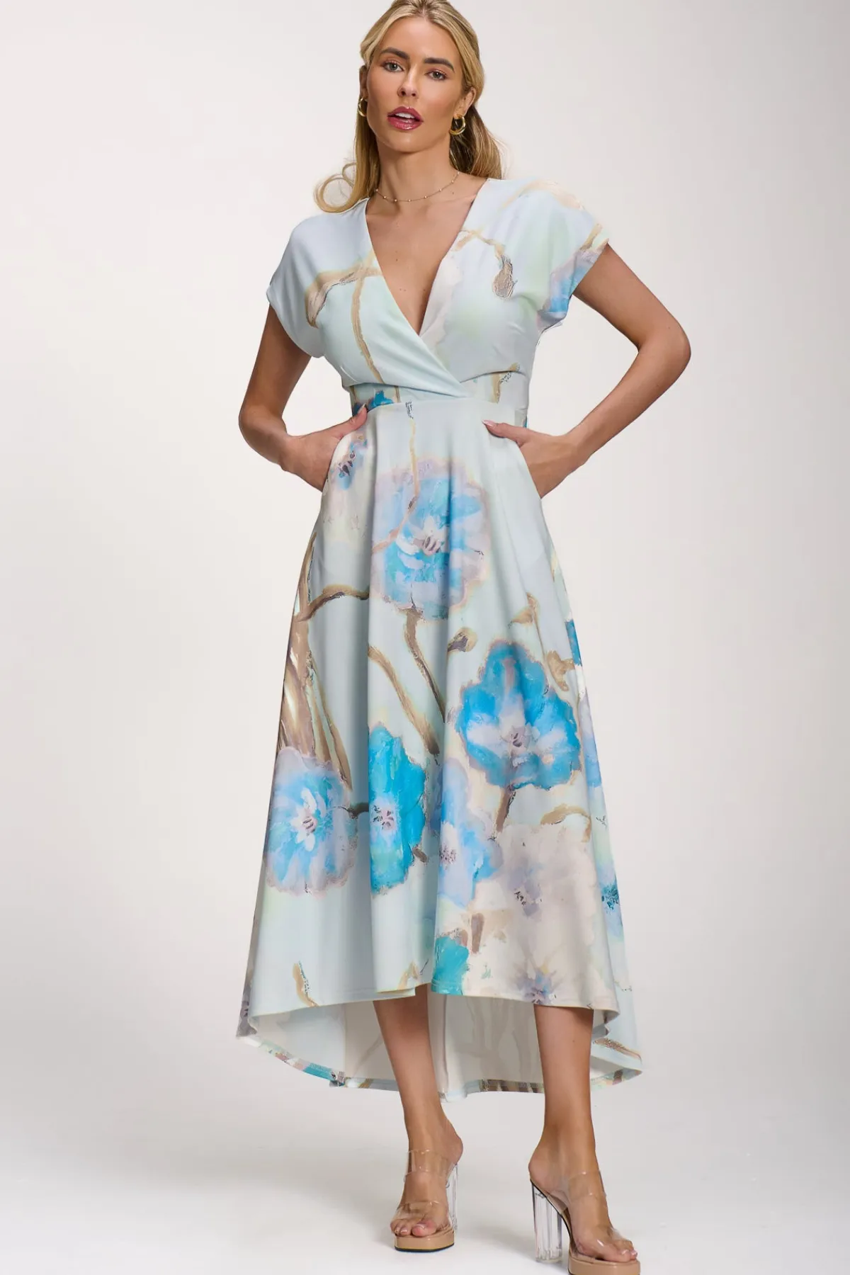 Jolie Moi Occasion Dresses|Floral Dresses-Printed Scuba Dipped Hem Midi Dress, Blue Floral