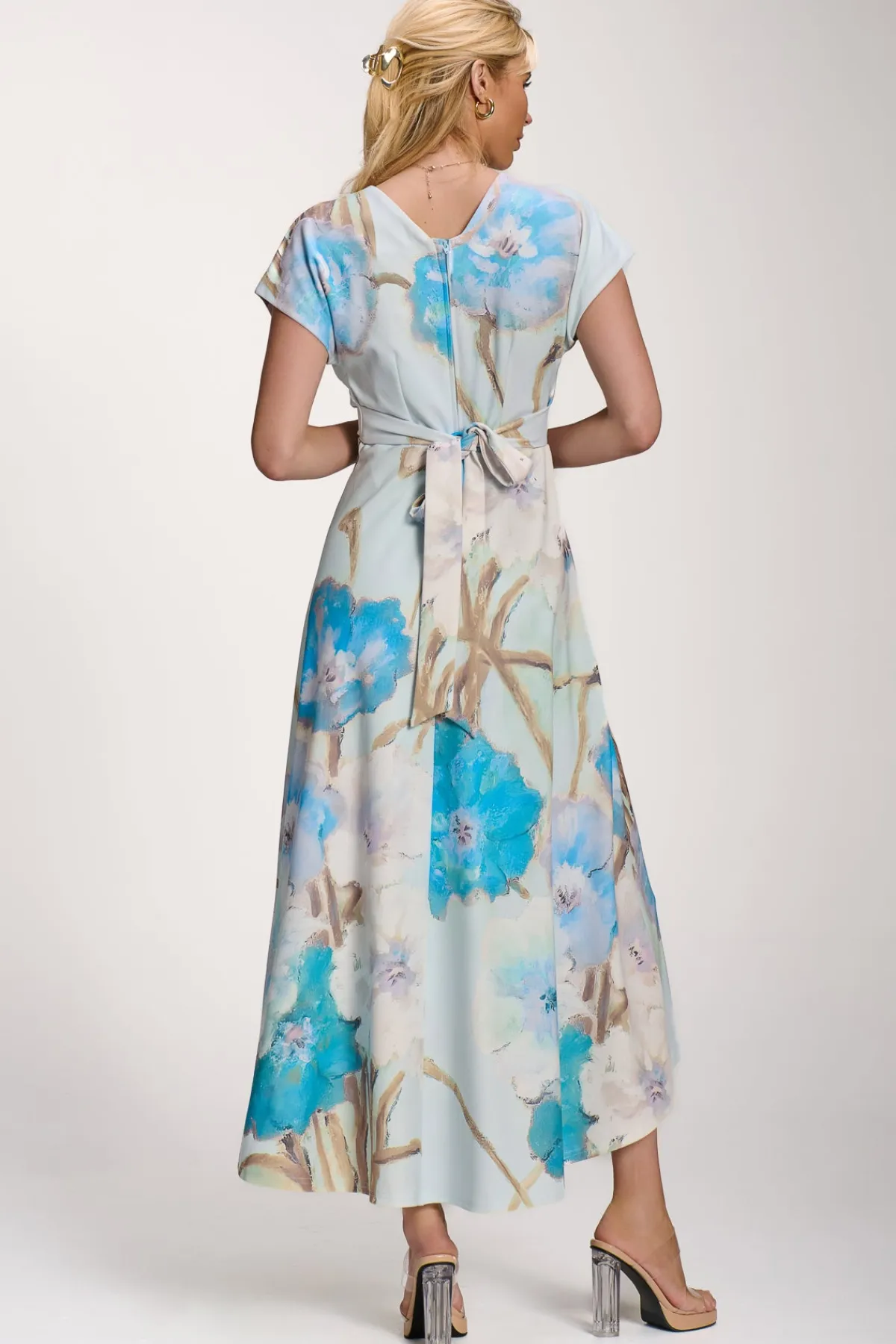 Jolie Moi Occasion Dresses|Floral Dresses-Printed Scuba Dipped Hem Midi Dress, Blue Floral