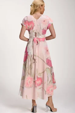 Jolie Moi Floral Dresses|Printed Dresses-Printed Scuba Dipped Hem Midi Dress, Pink Floral