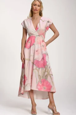 Jolie Moi Floral Dresses|Printed Dresses-Printed Scuba Dipped Hem Midi Dress, Pink Floral