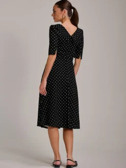 Jolie Moi Occasion Dresses|Party Dresses-Printed Scuba Fold Collar Midi Dress, Black Polka Dot