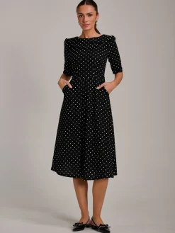 Jolie Moi Occasion Dresses|Party Dresses-Printed Scuba Fold Collar Midi Dress, Black Polka Dot