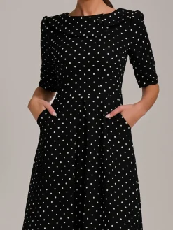 Jolie Moi Occasion Dresses|Party Dresses-Printed Scuba Fold Collar Midi Dress, Black Polka Dot
