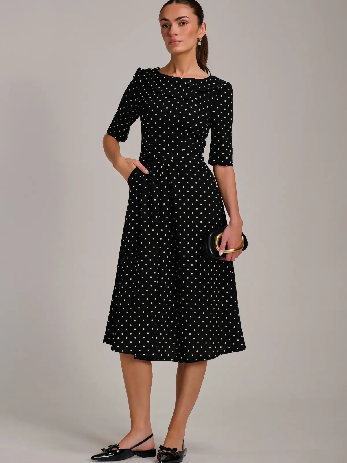 Jolie Moi Occasion Dresses|Party Dresses-Printed Scuba Fold Collar Midi Dress, Black Polka Dot