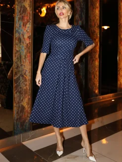 Jolie Moi Occasion Dresses|Office Dresses-Printed Scuba Fold Collar Midi Dress, Navy Polka Dot