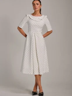 Jolie Moi Occasion Dresses|Party Dresses-Printed Scuba Fold Collar Midi Dress, White Polka Dot