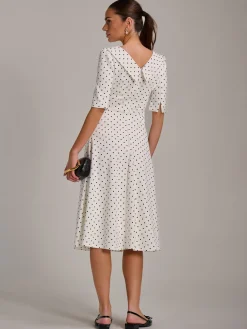 Jolie Moi Occasion Dresses|Party Dresses-Printed Scuba Fold Collar Midi Dress, White Polka Dot