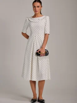 Jolie Moi Occasion Dresses|Party Dresses-Printed Scuba Fold Collar Midi Dress, White Polka Dot