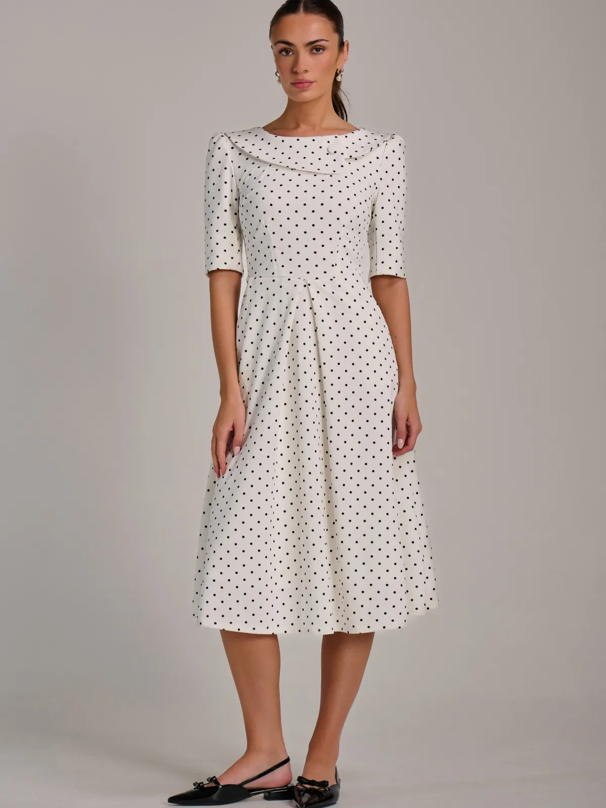 Jolie Moi Occasion Dresses|Party Dresses-Printed Scuba Fold Collar Midi Dress, White Polka Dot
